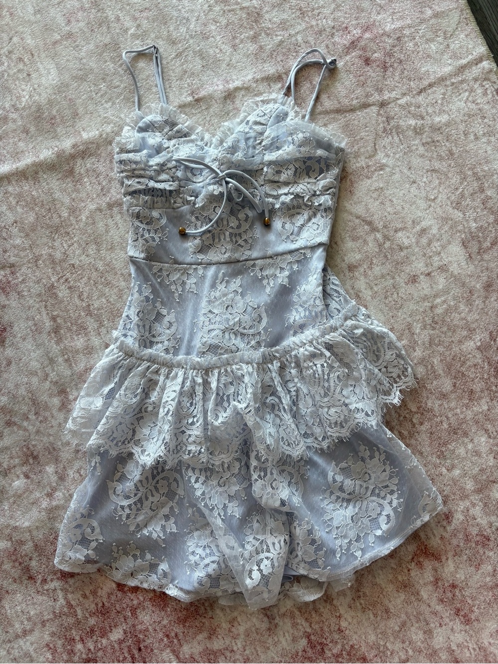 Selfie Leslie White Lace Mini Dress with Ruffle Skirt